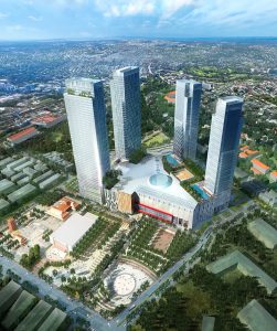 Phối cảnh khối tháp và khối đế thương mại trong thiết kế Vinhomes Kỳ Hòa nhìn từ trên cao